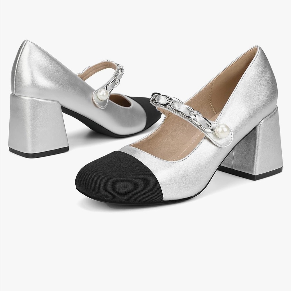 Gotogo Two tone Silver & Black Mary Jane w Block Heel shoes Sz 9 NIB